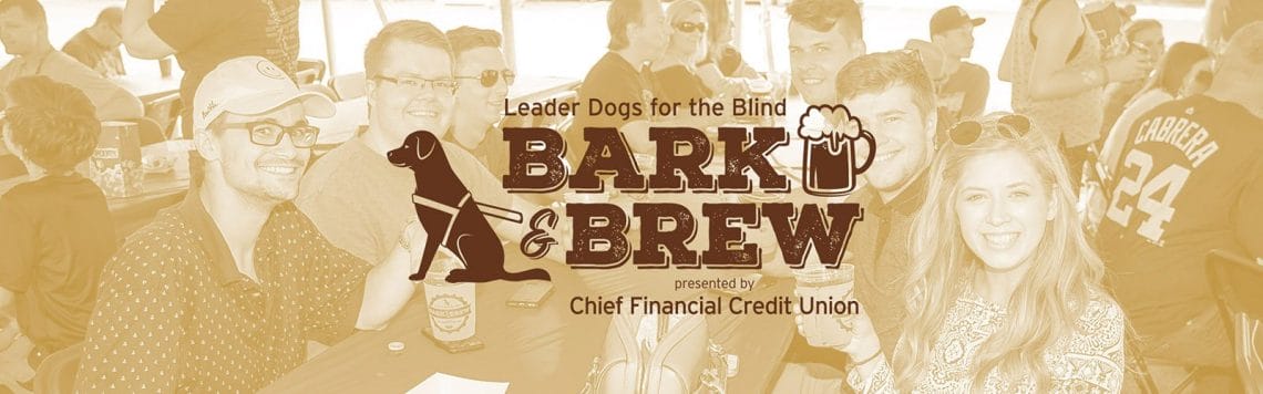 Tan colored image of people smiling and sitting at an outdoor table with cups of beer. In the front and center is the Leader Dogs for the Blind Bark & Brew logo in brown