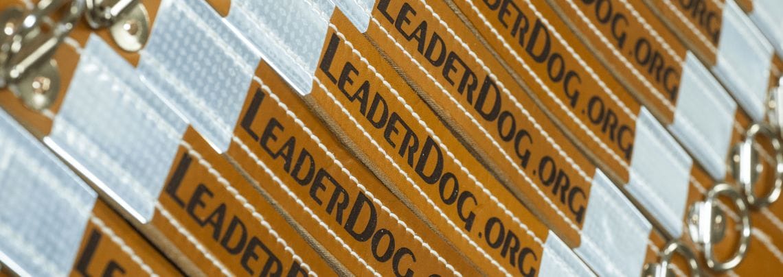 085-Leader Dog Harness 2017 9 straps of brown leather that make up the front of a Leader Dog harness sit in a row. Each strap has two squares of siver reflective materials on each end and the words LeaderDog.org embossed in the middle.
