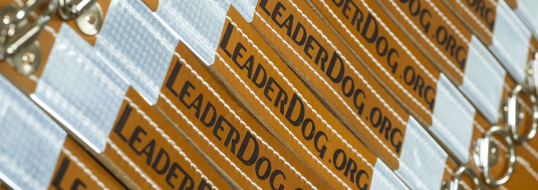 9 straps of brown leather that make up the front of a Leader Dog harness sit in a row. Each strap has two squares of siver reflective materials on each end and the words LeaderDog.org embossed in the middle.