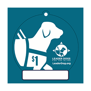 A blue "tag" with a graphic of a dog in harness in white on the tag. To the right in the Leader Dog logo in white. Below is a white box where a name could be written.