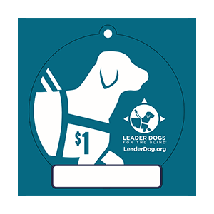 Dollars for Dogs Tag 1 A blue "tag" with a graphic of a dog in harness in white on the tag. To the right in the Leader Dog logo in white. Below is a white box where a name could be written.