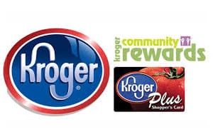 Kroger logo with green text reading "Kroger community rewards" and image of Kroger Plus card.