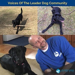 Collage with a black lab holding a stick, the black lab lying down on grass, and Troy and the black lab lying next to each other on the floor