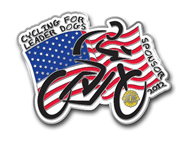 Cycling for Leader Dogs pin with graphic of a bicycler with an American flag in the background