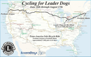 Map of the U.S. with a line drawn across it showing Mark's biking route