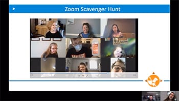 Screenshot of teens in a Zoom call on a slide titled "Zoom Scavenger Hunt"
