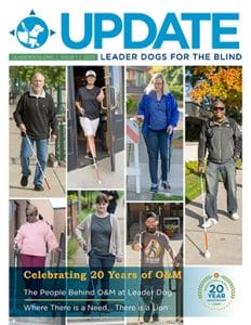 Newsletter cover with "Update" in blue next to Leader Dog logo. Photos on cover show a collage of people walking with white canes.