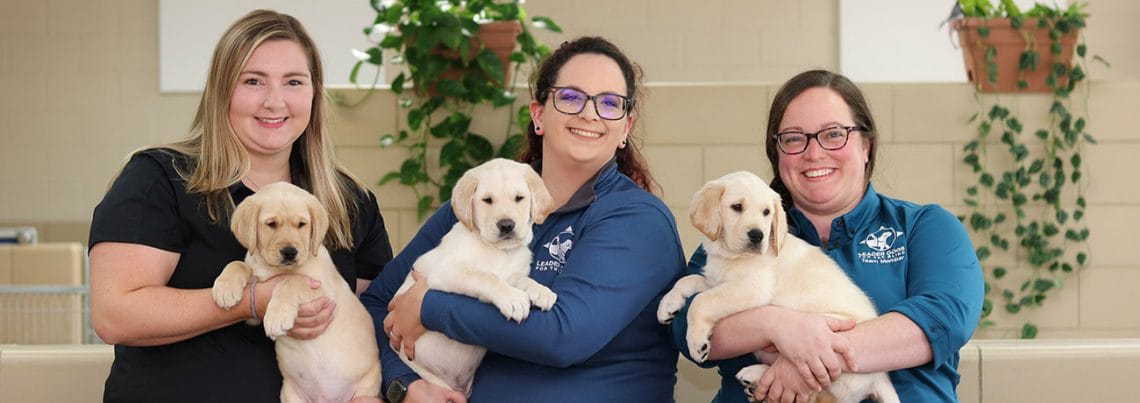 Sam, Stacey and Dana stand in the puppy area of the canine center, each holding a lab puppy. All three are smiling at the camera