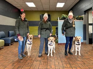 Three yellow labs in harness standing next to three women in winter clothes in a lobby area