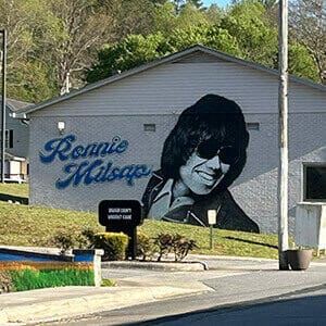 Black mural on side of white brick building of Ronnie Milsap's smiling face and blue script text reading "Ronnie Milsap" 