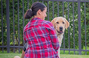 Woman sitting in front of bushes looking over her shoulder at yellow lab next to her