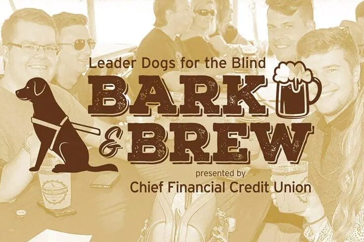 Tan colored image of people smiling and sitting at an outdoor table with cups of beer. In the front and center is the Leader Dogs for the Blind Bark & Brew logo in brown