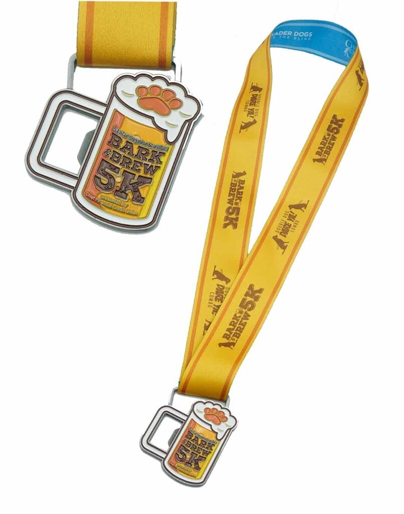 Bark and Brew 5k medal that is shaped like a beer mug