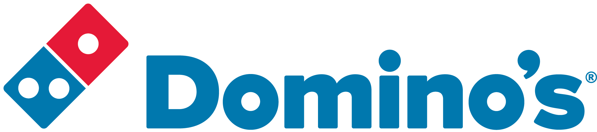 Domino's Pizza logo featuring a red and blue domino tile design next to the company name in bold blue text. Clicking this image will direct you to the Dominos website.