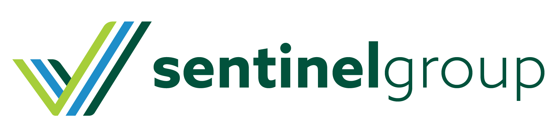 Sentinel Logo Horizontal Full Color 2022 Sentinel group logo. depicting a check mark in three tones of green.
