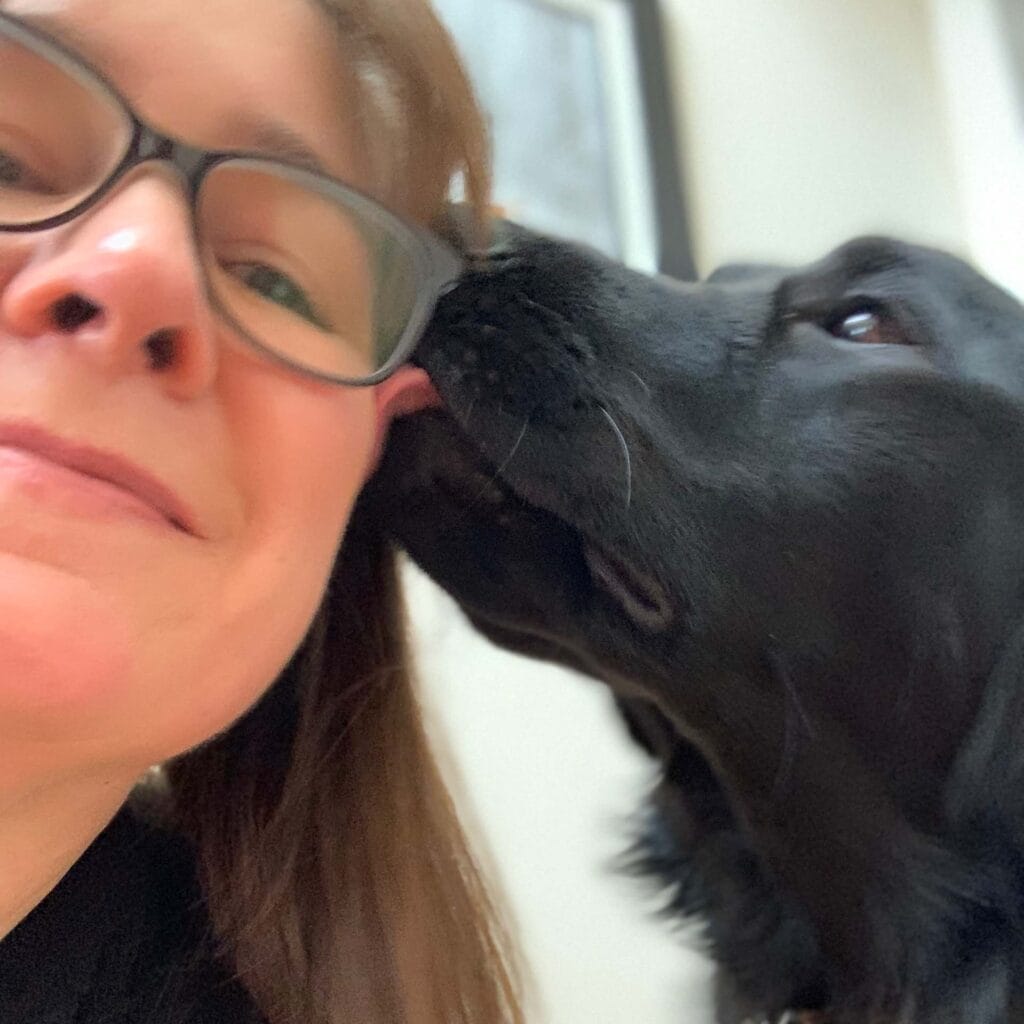 A person with short brown hair and wearing glasses is smiling as a black Labrador golden retriever licks the side of her face.